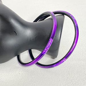 Glass Bangle Bracelets Set Of Two Purple Base Lavander Floral Design
